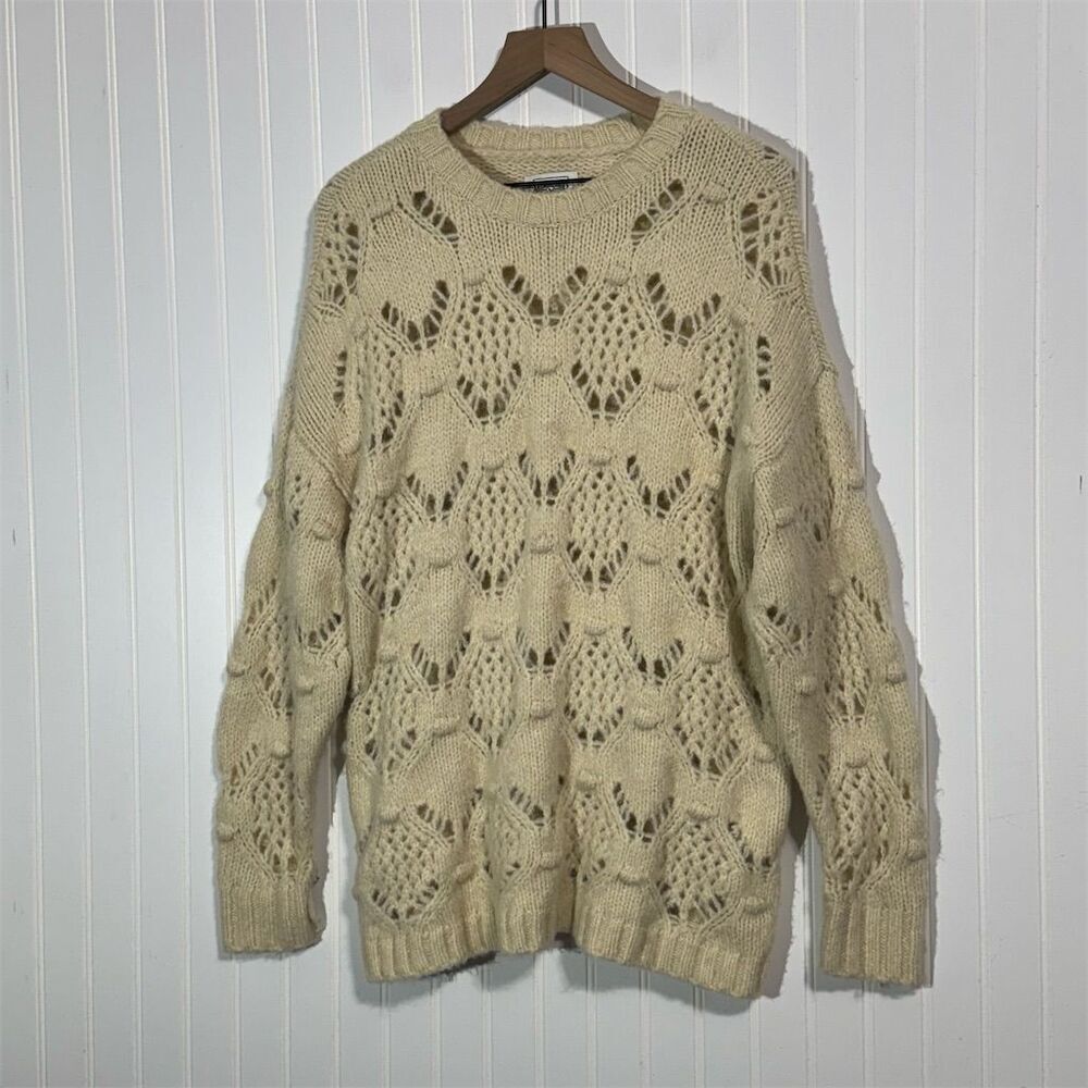 American Eagle S Open Knit Sweater Cream Wool Blend Chunky Fisherman Pullover